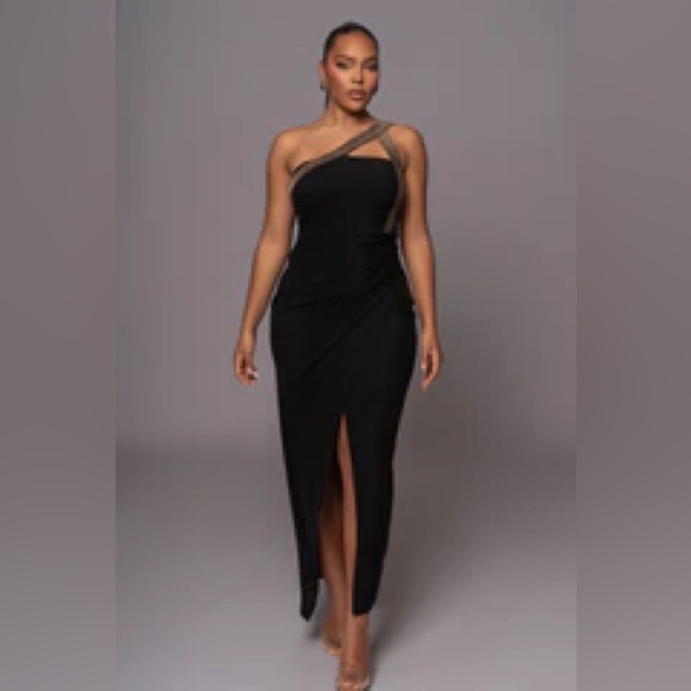 A black and gold slit maxi dress